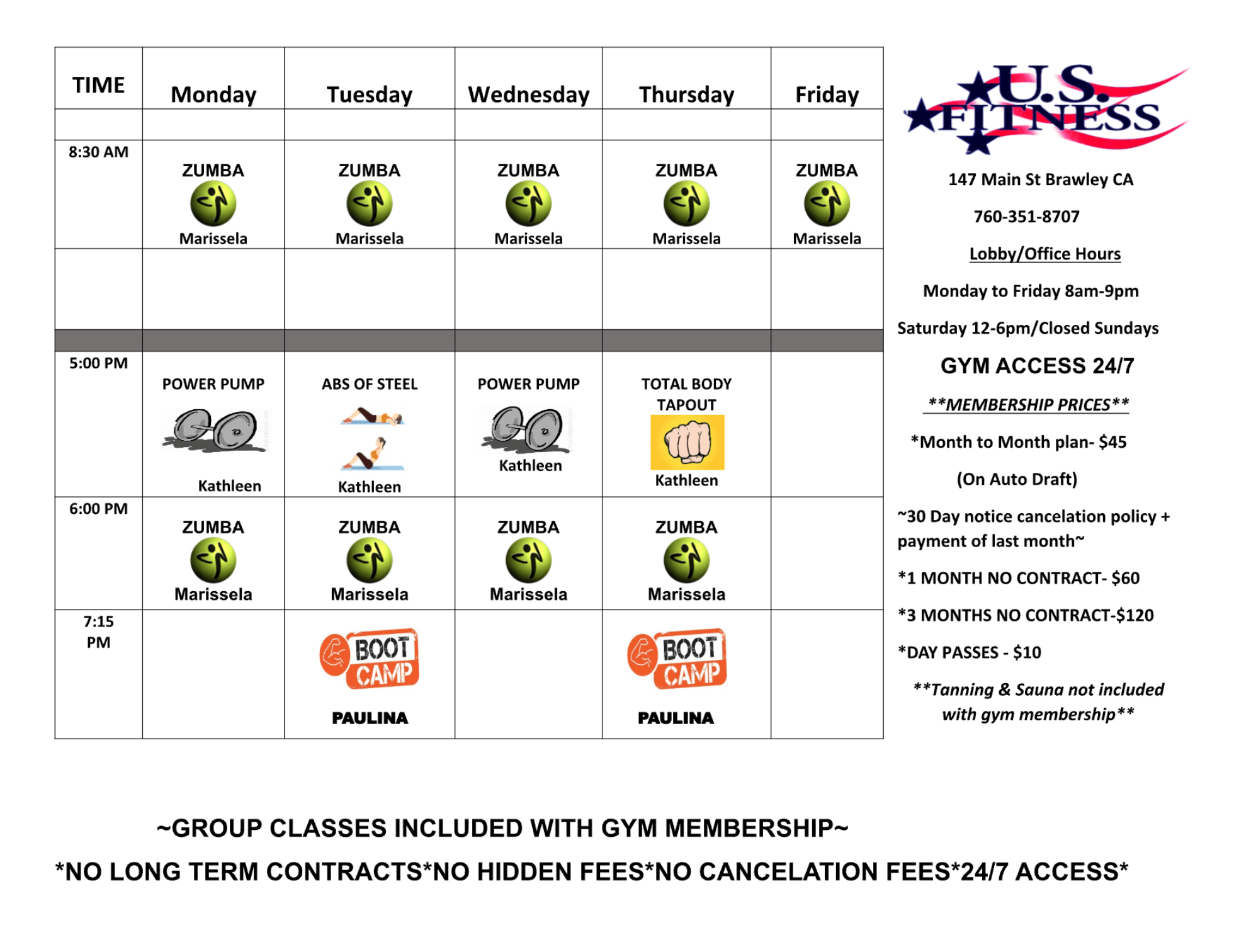 US Fitness June 23 Schedule
